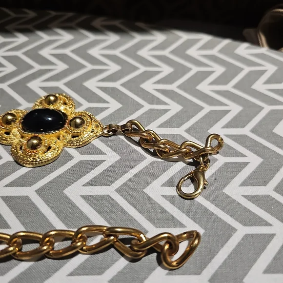 Vintage Gold Chain Statement Belt with Black Cabochon Medallions | Adjustable 41 - Picture 3 of 5